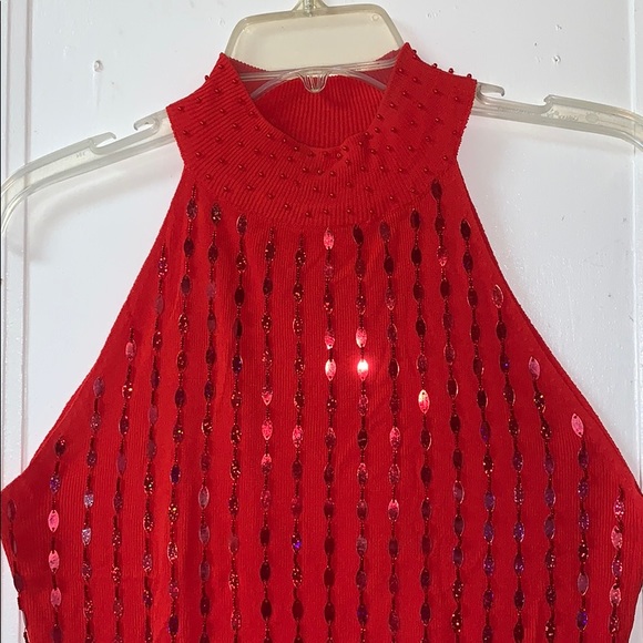 Red High Neck Sleeveless Blouse. - Picture 3 of 5